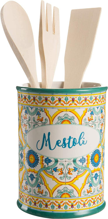 Sicilian Majolica decoration ceramic ladle holder with ladles included - Stella Italiana