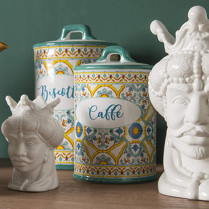 Ceramic Caffè Jar Hermetic Closure Hermetic Closure Decorating Majolica Sicily - Stella Italiana