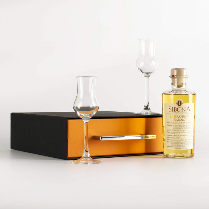 Barolo grappa and two glasses wih gift box - Stella Italiana
