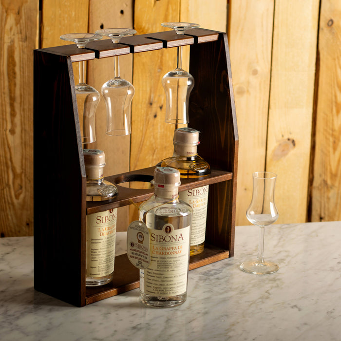 Old Cellar set in solid wood & Grappa and 4 tasting glasses with gift box SIBONA - Stella Italiana